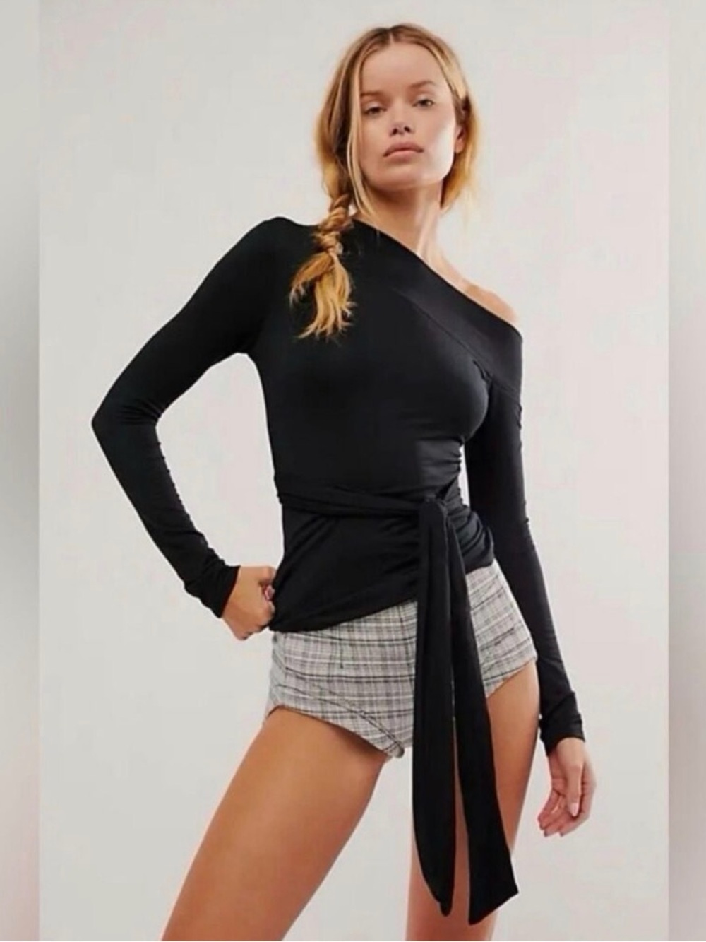 Free People Keep It Brief Micro Shorts Tweed Plaid Black White Size 0 NWT